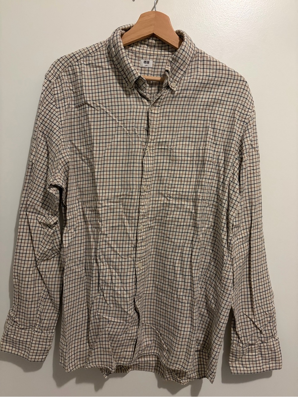 UNIQLO Men’s Brown and Blue Check Button-Down Shirt - Fall Colours - Large